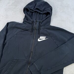 Nike Hoodie Mens Small Black Full Zip Fleece Drawstring Sweatshirt Jacket Y2K
